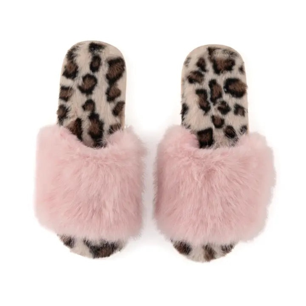 Shirahleah Size 9-11 Pink Furry Cheetah Print Slippers